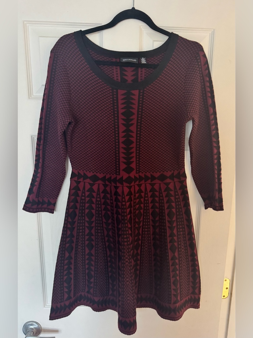 Nina Leonard Burgundy and Black Geometric Fit-and-Flare Dress